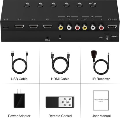 Y.D.F 3 Way HDMI 2.0 Switcher + 2 RCA to HDMI Converter(2 in 1) 2 Way AV Composite CVBS Switch to HDMI Adapter Support 4:3/16:9 Switching for N64 NGC Wii Xbox PS2/3/4/5 Xbox Series/ONE Switch