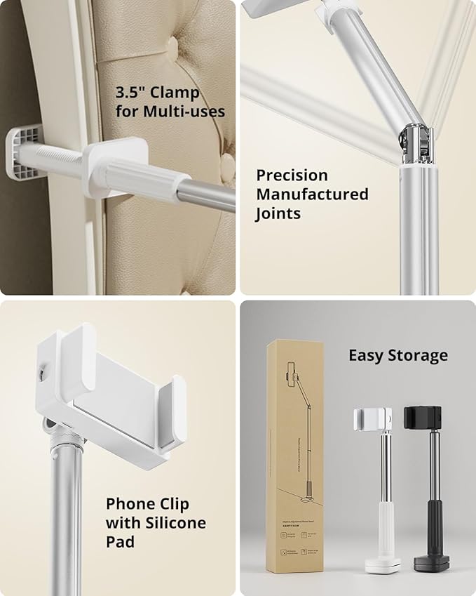 Phone Holder for Bed, 360° Rotation Cell Phone Stand, Flexible Long Arm Headboard Bedside Clip, Multi-Functional Overhead Phone Mount for 3.5-11" Phones, Tablets, Kindle, White