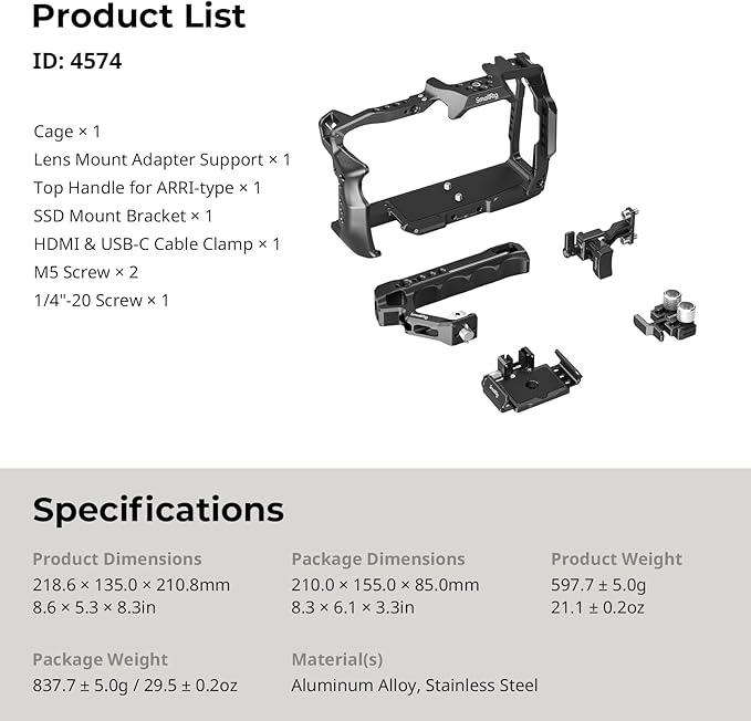 SmallRig Camera Cage Basic Kit for Blackmagic Design Cinema Camera 6K, Full Cage for BMCC 6K, with Top Handle, SSD Mount Bracket, Cable Clamp and Lens Mount Adapter Support - 4574