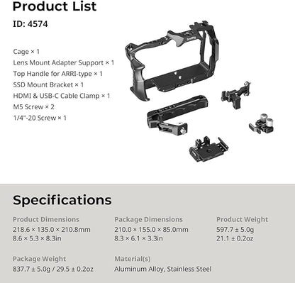 SmallRig Camera Cage Basic Kit for Blackmagic Design Cinema Camera 6K, Full Cage for BMCC 6K, with Top Handle, SSD Mount Bracket, Cable Clamp and Lens Mount Adapter Support - 4574