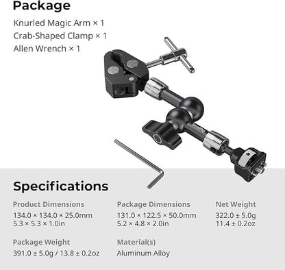 SMALLRIG 7 Inch Magic Arm with Crab-Shaped Clamp, Arm with 1/4"-20 Screw and Retractable Pins, for Action Cameras, Monitors, Video Lights, and Microphones - 5310
