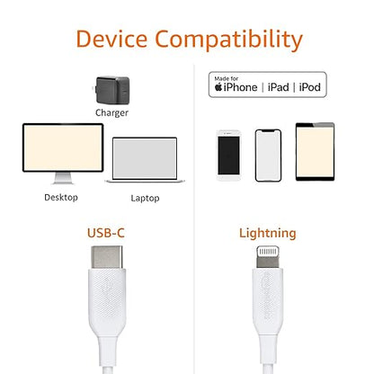 Amazon Basics USB - C to Lightning ABS Charger Cable, MFi Certified Charger for Apple iPhone 14 13 12 11 X Xs Pro, Pro Max, Plus, iPad, 6 foot, White