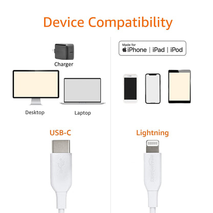 Amazon Basics USB-C to Lightning Charger Cable, Apple MFi Certified for iPhone 14 13 12 11 X Xs Pro, Pro Max, Plus, iPad, Fast Charging, High Speed Data Sync, 6 ft, White