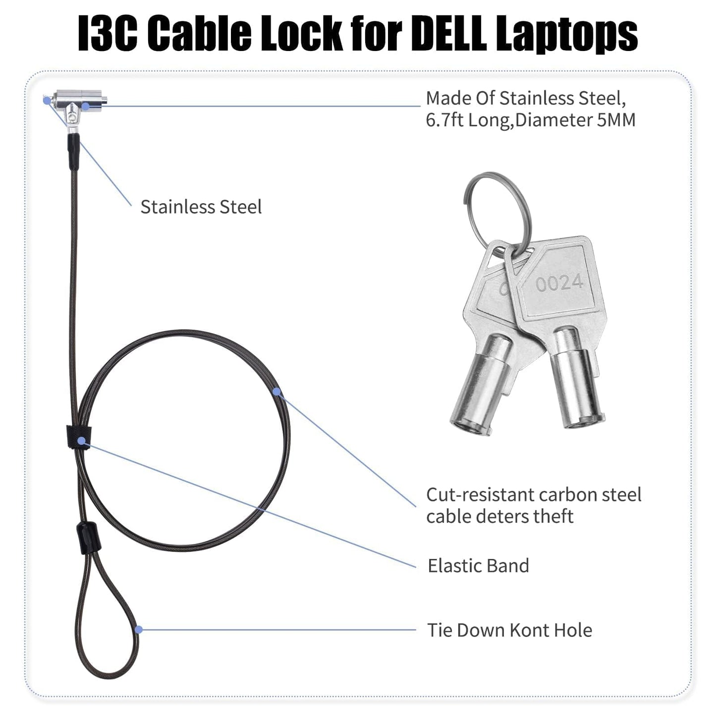 I3C Laptop Cable Lock Hardware Security Cable Lock Anti Theft 6.7FT Cable Lock Compatible with Laptop Anti-Theft Security Locking Cable Compatible for Wedge Type Slot(6 * 2.5mm)