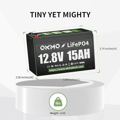 OKMO 12V 15Ah LiFePO4 Lithium Battery 12.8V, 4000+ Deep Cycles rechargeable Battery, for UPS, Kayak Fish Finder, Solar Panel, Power Wheels Toys, Scooter, Radio
