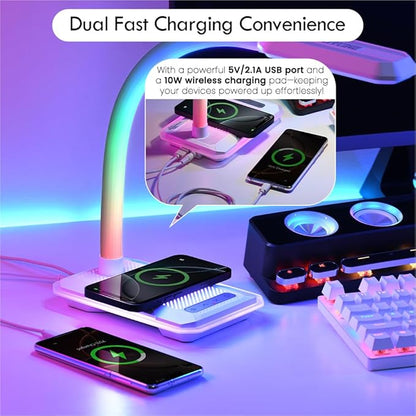 WILIT Desk Lamp with Wireless Charger, Music Sync RGB Color Changing Lights, Gaming Lamp with USB Charging Port, Touch Control Table Lamp, Desktop Light for Home Office Dorm Room, Birthday Gifts