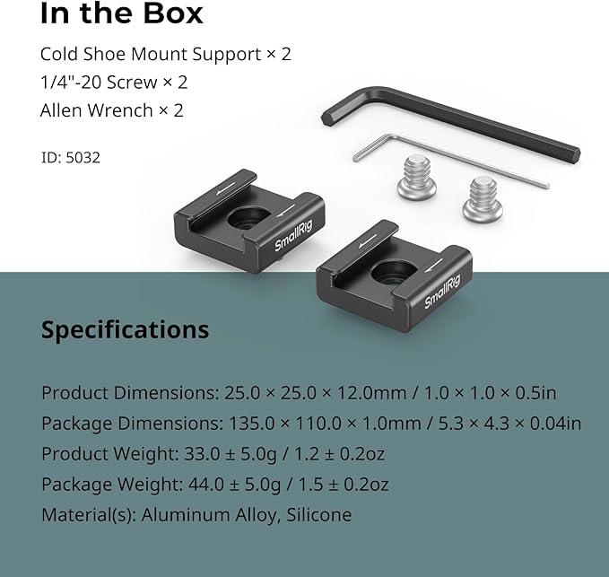 SmallRig Anti-Twist Cold Shoe Mount Adapter (2pcs) with 1/4"-20 Screws, for Flash LED Light Monitor Microphone, with Anti Twist Pins, Compatible with SmallRig Cage - 5032