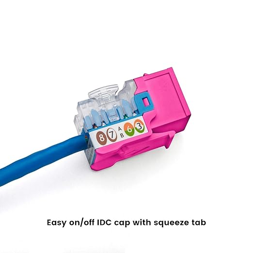 trueCABLE Cat5e Keystone Jack, Unshielded (UTP), 90 Degree Punch-Down, PoE++ (4PPoE) 100W, UL Listed, ETL Verified, ANSI/TIA Certified, Modular RJ45 Female, Pink, 24 Pack