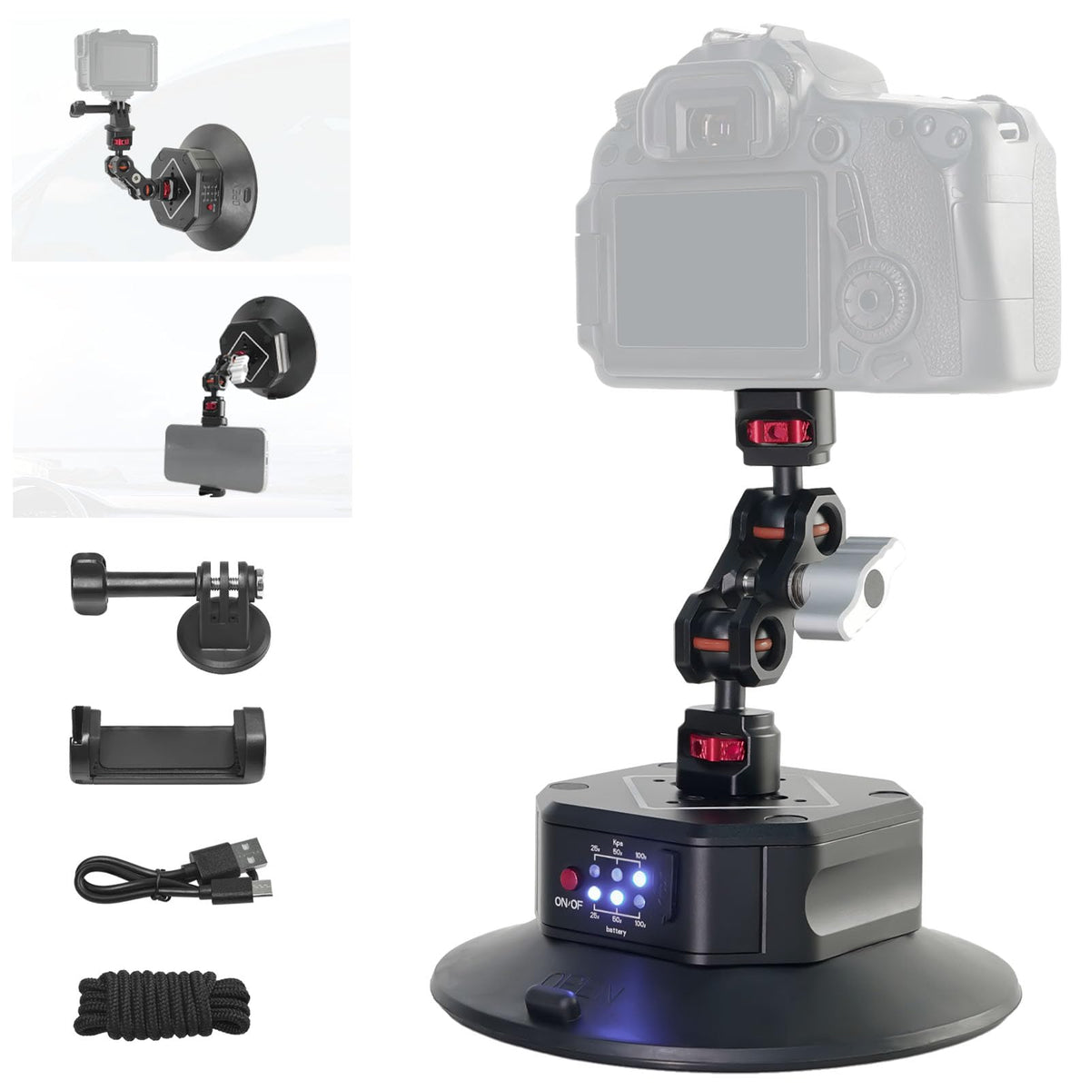 CNC Machined 3in Camera Suction Cup Mount with Adjustable Magic Arm, 1/4" ARRI Holes Quick Release Car Mount with Phone Holder & Action Camera Adapter Compatible with DJI OSMO Pocket 3 Insta360 iPhone