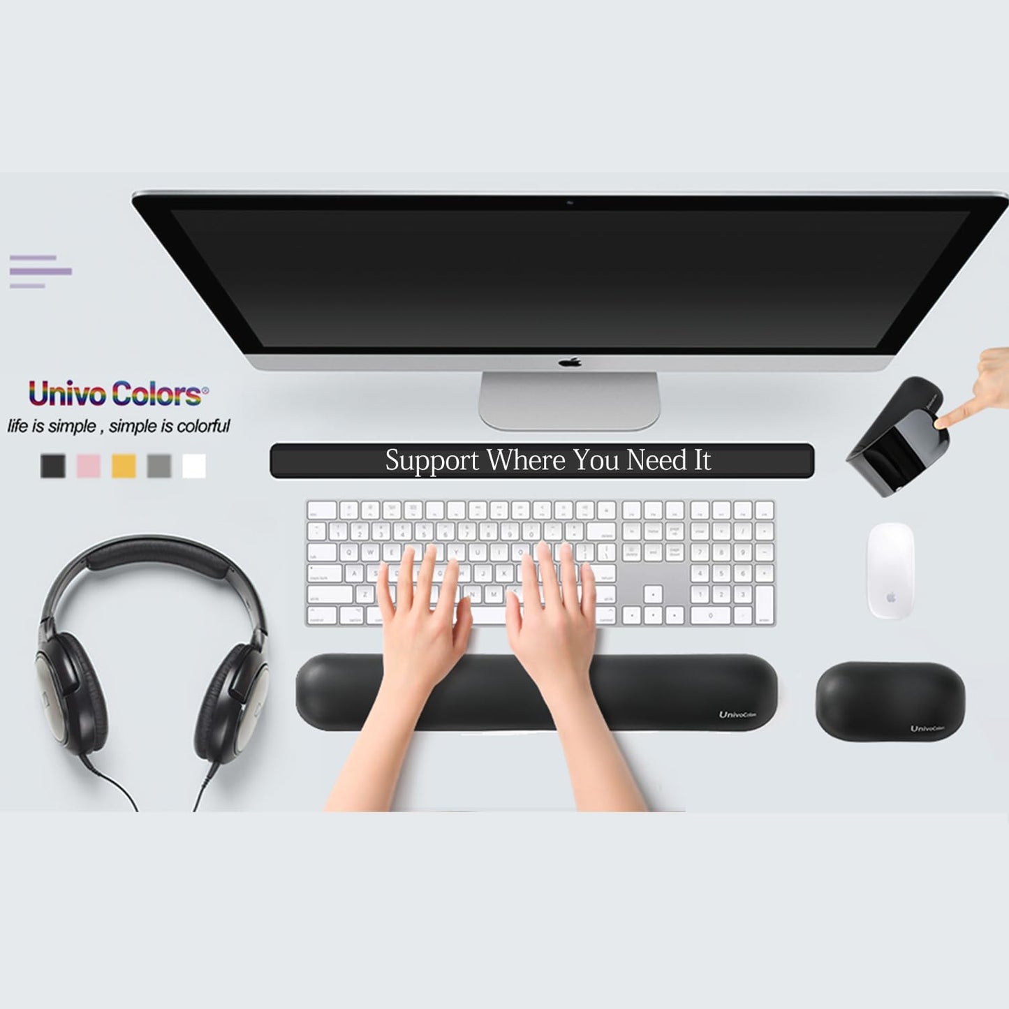 UnivoColors Design-Wave Keyboard Wrist Rest, Artificial Sheepskin+Memory Foam+Ergonomic+Anti-Slip Gel, Resilience Support During Work and Gaming,Keyboard Accessory,Black