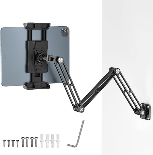 OHLPRO Aluminum Tablet Wall Mount Holder - 360° Adjustable & Extendable 3-Stage Arm for 5-13" iPad Pro/Air/Mini, Galaxy Tab | Heavy Duty Metal iPad Mount for Wall, Kitchen, Office