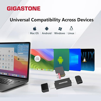 GIGASTONE SD Card Reader, 5-in-1 USB-A/USB-C Card Reader, Dual Slot for SD/Micro SD/SDHC/SDXC, Compatible with Laptop, PC, iPhone16/15, MacBook Pro/Air, iPad Pro, Android