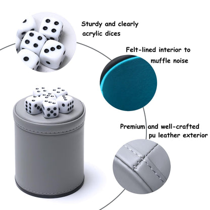 5 Pack PU Leather Dice Cups Felt Lining Quiet Shaker with 30 Dot Dice for Bar Party Yahtzee Farkle Dice Games, Grey