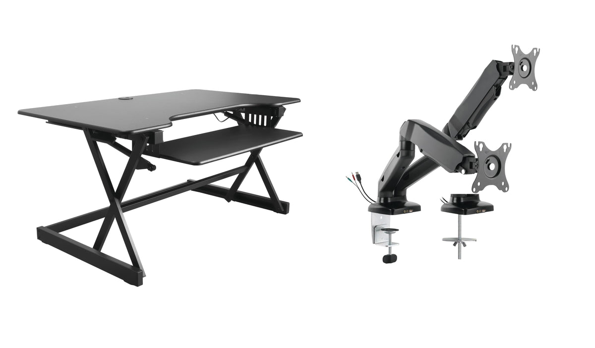 Rocelco 32" Height Adjustable Standing Desk Converter - Sit Stand Computer Workstation Riser - Dual Monitor Retractable Keyboard Tray Gas Spring Assist - Black (R EADRB2)