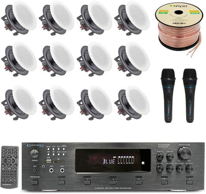 Home Audio System Kit - 6 Channel 6000 W Bluetooth Amplifier w/ 12 Qty of 5.25" Frameless in-Wall in-Ceiling Speakers 175 W Each, 2 Qty of Wired Mic, 500 ft Speaker Wire & Remote by Technical Pro