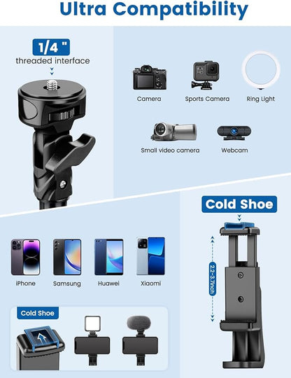 Phone Tripod, 72" Camera Stand Tripod with Remote and Phone Holder, Stable & Adjustable Tall, Suit for iPhone/Digital Camera