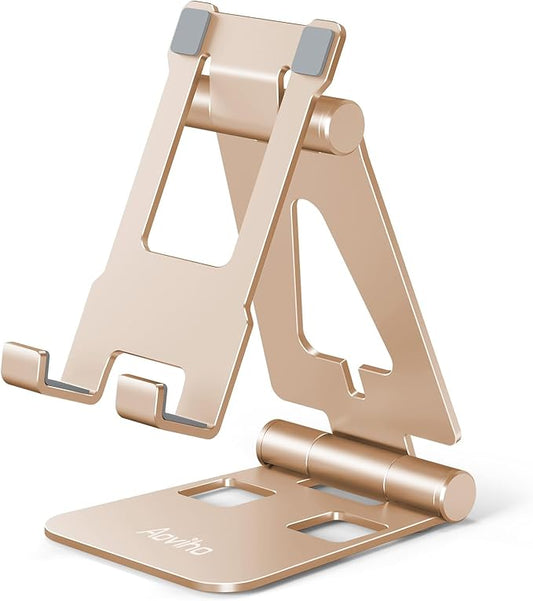 Aoviho Cell Phone Stand for Desk, Adjustable Desktop Phone Holder Stand, Foldable Moblie Phone Dock for iPhone 17 16 15 14 13 Pro Xs Max Xr X 8 7 6 5 5s SE Nintendo Switch All Phones,Rose Gold