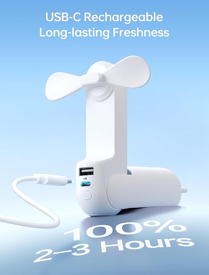 JISULIFE Handheld Mini Fan, 3 IN 1 USB Rechargeable Portable Fan [12-19 Working Hours] with Power Bank, Flashlight, Pocket Design for Travel/Summer/Concerts/Lash, Gifts for Women (White)