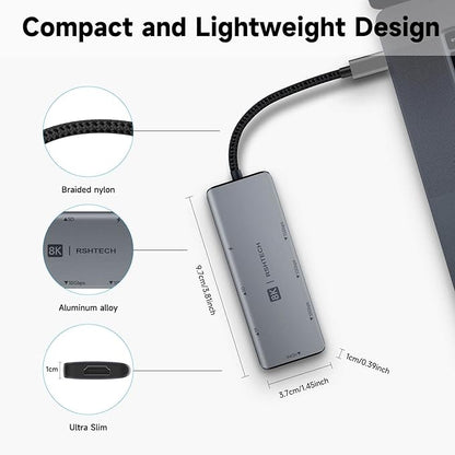 RSHTECH USB C Hub 7-in-1 Multiport Adapter with 8K HDMI, 10Gbps USB-C and 2 USB A Data Ports, 100W Power Delivery, SD/TF Card Reader, Aluminum USB 3.1/3.2 Gen 2 Hub Dongle for PC and Laptop, RSH-T02