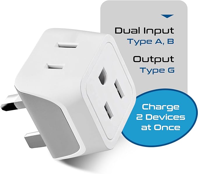 Ceptics UK Travel Plug Adapter, 2 in 1 Type G Adapter, US to UK Adapter, Ireland, Dubai Travel Adapter with Dual USA Inputs, CE, RoHS - HK Outlet Adapter, 3 Pack
