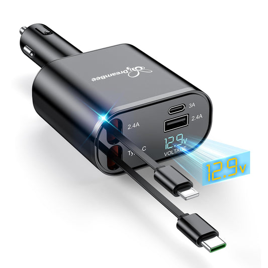 DreamBee Retractable Car Charger,66W 4 in 1 Super Fast Charge Car Phone Charger,Retractable Cables (31.5 inch) and 2 USB Ports Car Charger Adapter for iPhone 17/16/15/14/13/12 Pro Max XR,iPad,Samsung