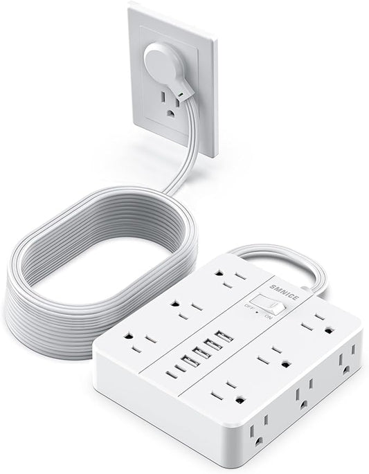 Power Strip 20ft Extension Cord,SMNICE Flat Plug with 12 Outlets 6 USB(2 USB C),Power Strip Charging Station with Overload Protection for Home, Dorm,Office