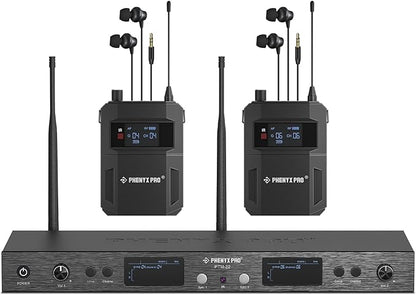 Phenyx Pro UHF Mono Dual Wireless in-Ear Monitor System, Metal Wireless IEM System, Sturdy Bodypack Receiver, 2x50 Frequencies, Separate Outputs,164ft Operation, Suitable for Band and Studio (PTM-22)