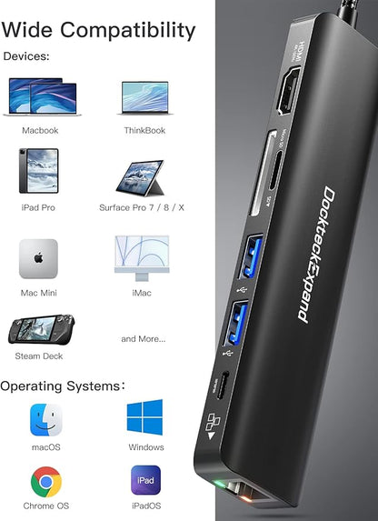USB C Hub Multiport Adapter, DockteckExpand USB C Dongle 7 in 1 with 4K 60Hz HDMI Port, 1Gbps Ethernet, 100W PD, 2 USB 3.0 Ports, SD/TF Card Reader for MacBook iPad HP Dell XPS and More