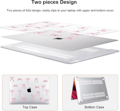 for MacBook Pro 13 Inch Case 2022 M2 2020 2021 A2338 M1 A2251 A2289 with Touch Bar & Touch ID, Pattern Plastic Hard Case Keyboard Cover Screen Protector Webcam Cover Brush, Pink Bowknot