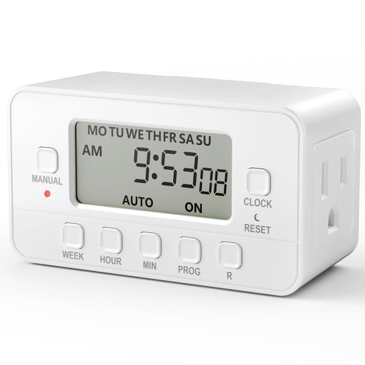BN-LINK 7-Day Heavy Duty Digital Timer with Dual Outlet, LCD Display, 3-Prong Programmable Design, for Lights, Fans, Coffee Machine, Home, Office, Indoor Use, 125V 15A 1875W, 2 Pack