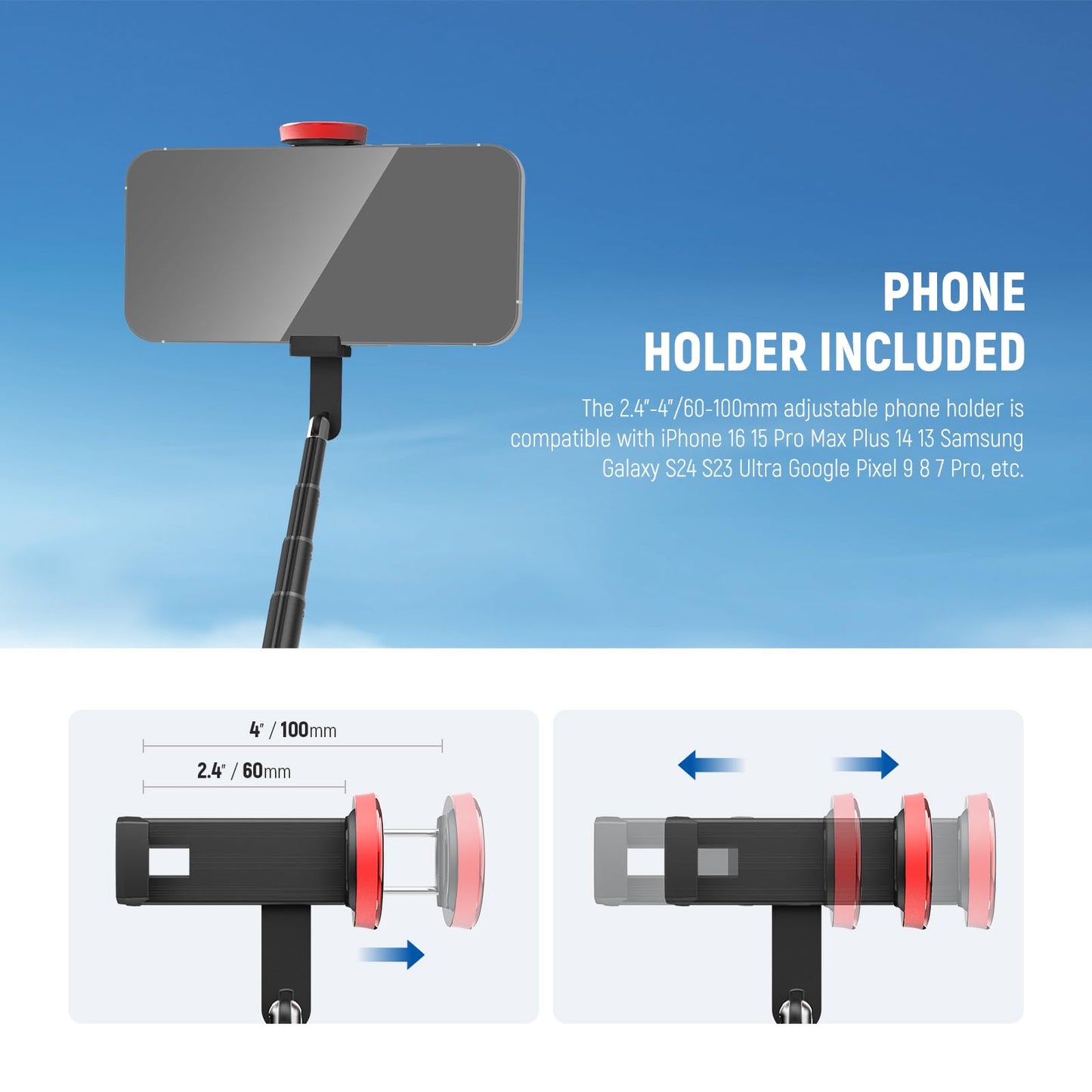 NEEWER Basics PA991 Selfie Stick Tripod Compatible with iPhone Samsung Android, 57.9 Inch Metal Portable Lightweight Travel Mobile Phone Stand with Holder & Remote Control for Video Recording