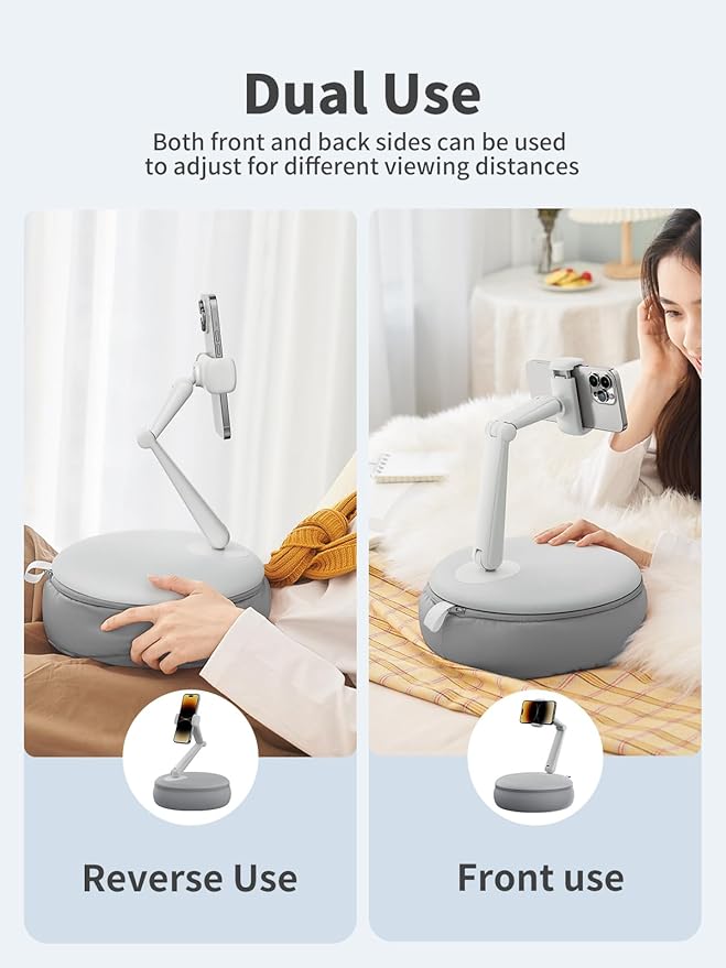 SAIJI Cell Phone Pillow Holder mini iPhone Stand for Bed, Upgraded mini Angle & Height Adjustable Phone Pillow Stand for Watching Video On Bed/Sofa/Lap, Fit for 4.7"-7.0" Device (Gray)