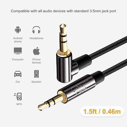 CableCreation 3.5mm Audio Cable, [2-Pack 1.5FT] Right Angle Male to Male Auxiliary Cable with Silver-Plating Copper Core Compatible with Beats, Car, iPhones, Tablets, PS4, 24K Gold Plated, Black