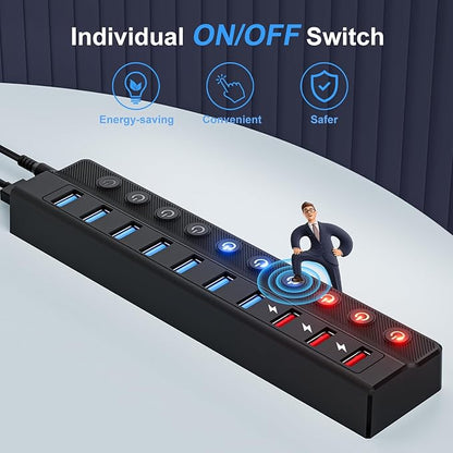 Powered USB Hub, 10-Port USB Splitter Hub (7 Faster Data Transfer Ports+ 3 Smart Charging Port) with Individual LED On/Off Switches and 12V/3A Power Adapter USB Extension for Mac, PC and More