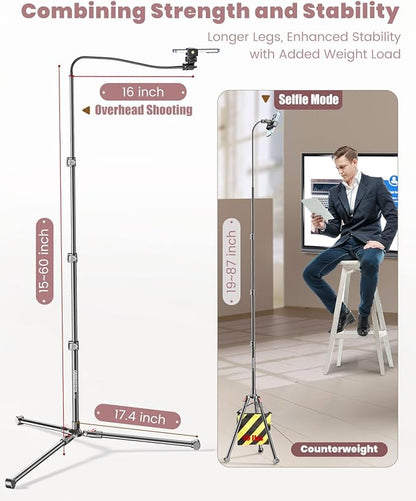 87" Phone Tripod, Overhead Flexible Tall Tripod Stand with Remote, Selfie Stick, Compatible with iPhone, 15.7" Gooseneck/Adjustable 360 Head, Gopro/Ring Light/Webcam/Video Recording/Vlogging