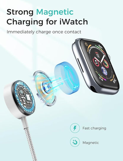 Upgraded Travel Essentials for Apple Watch Charger 4 in 1 Multi Charging Cable iWatch Charger Camping Essentials USB C/L/Micro Compatible with iWatch Series 10-1/SE/iPhone 16 15/Galaxy Android-4FT
