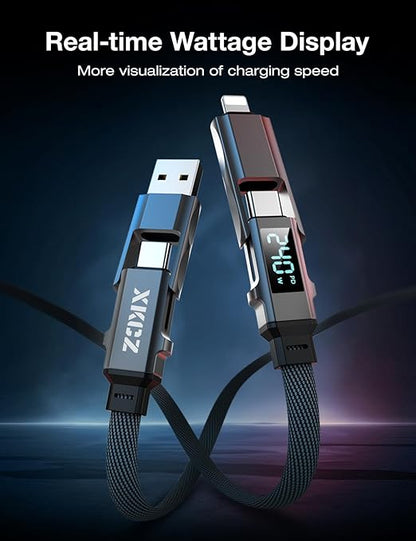 4 in 1 USB C Cable with Wattage Display, 240W Flat Nylon Braided Multi Charge Cable with Data Sync, USB C Charging Cord Combo Type C/USB A/L Port for iPhone/iPad/Samsung/Laptop, 5FT