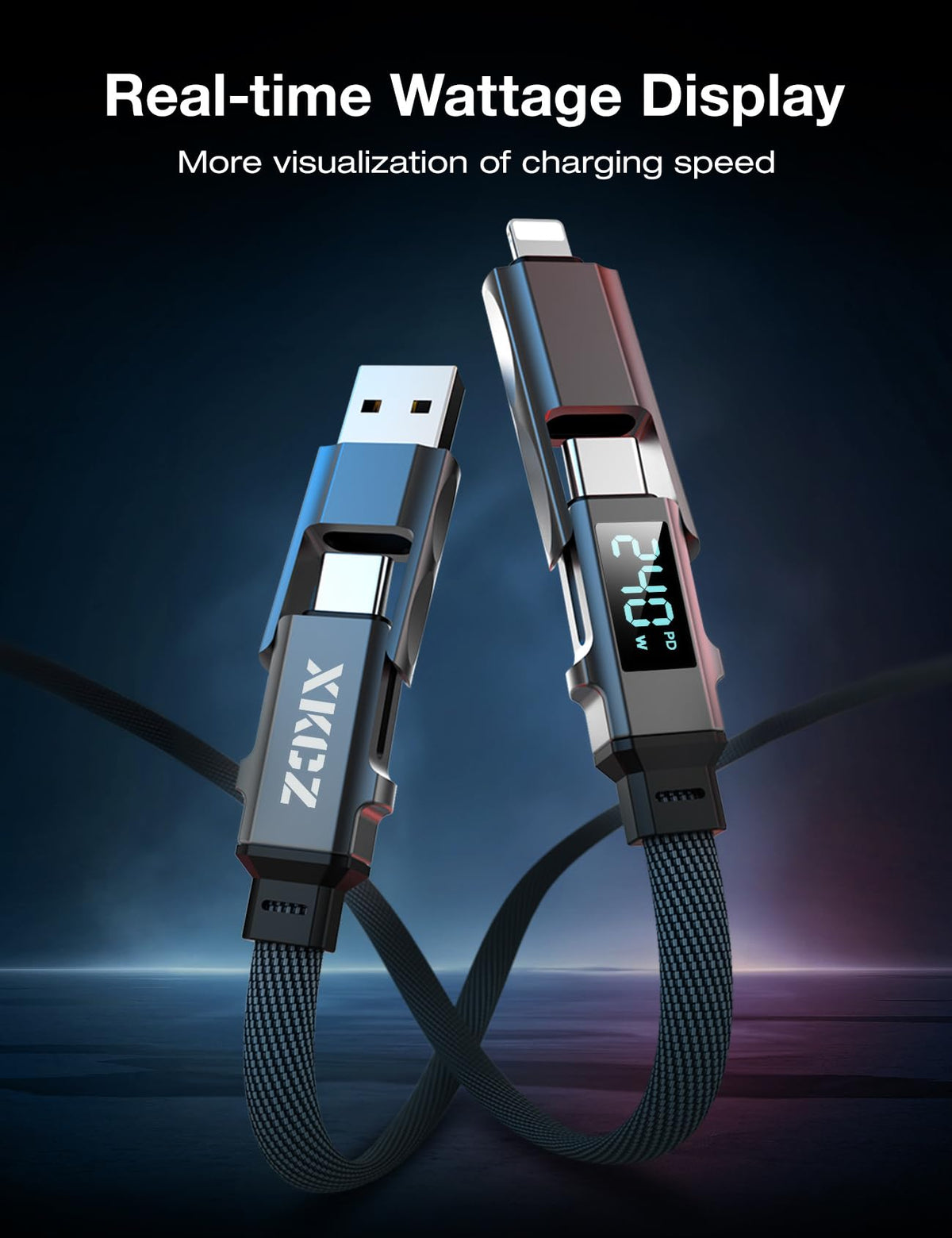 XKCZ 4 in 1 USB C Cable with Wattage Display, 240W Flat Nylon Braided Multi Charge Cable with Data Sync, USB C Charging Cord Combo Type C/USB A/L Port for iPhone/iPad/Samsung/Laptop, 5FT
