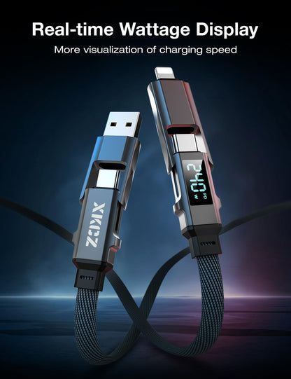 XKCZ 4 in 1 USB C Cable with Wattage Display, 240W Flat Nylon Braided Multi Charge Cable with Data Sync, USB C Charging Cord Combo Type C/USB A/L Port for iPhone/iPad/Samsung/Laptop, 5FT