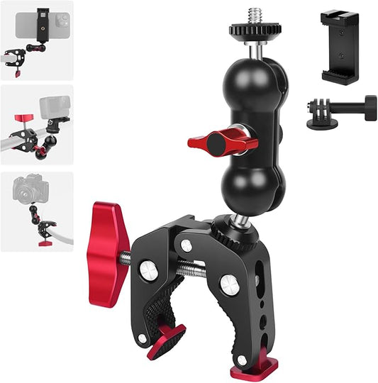 Mechrig Super Clamp with Dual Ballhead Magic Arm, Aluminum Camera Clamp Mount Kit for DSLR Action Camera/Phone/Monitor/Video Light/Microphone, Camera Mount for Tripod/Desk/Tube (SY006)