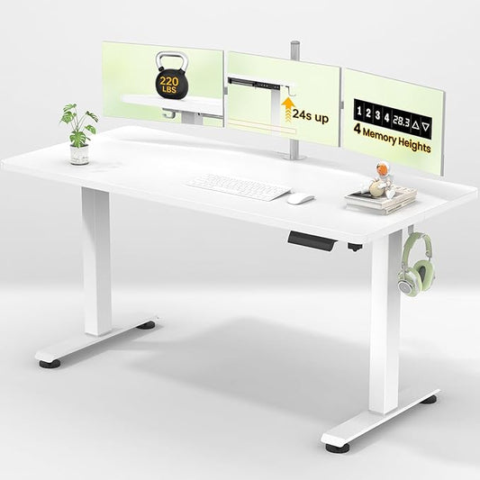 Veken 55 Inch Large Electric Standing Desk,Sit to Stand Up, Heights Adjustable, Work Home Office Computer Table for Study, Walking Pad, Writing, and Games, Wooden Desktop Desks, White