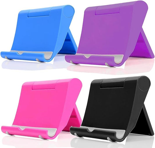 JUSDIQIR Desktop Phone Stand 4 Pack, Foldable & Adjustable Universal Cell Phone Holder, Multi-Angle Desktop Dock for Phone & Tablet (Pink+Purple+Black+Blue)