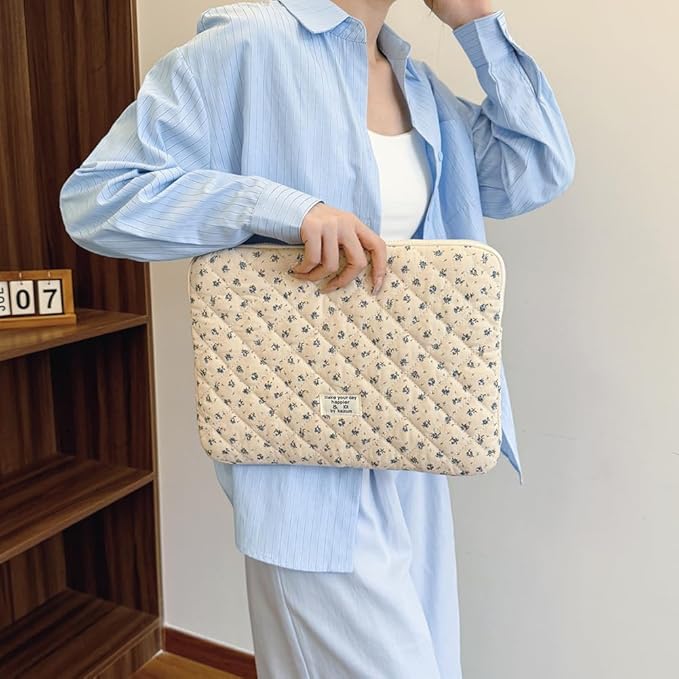 Puffy Laptop Sleeve 13 Inch Cute Quilted Laptop Protective Case Padded Floral Computer Sleeve for MacBook (A-Blue, 13 Inch)
