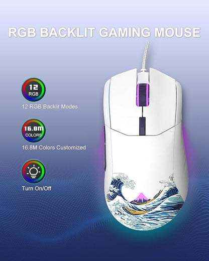 COSTOM Womier G705 USB Wired Gaming Mouse for PC Computer Windows Mac Laptop, Lightweight Silent RGB Backlit Mouse with Adjustable 12000DPI/7 Programmable Side Buttons,White Kanagawa Theme