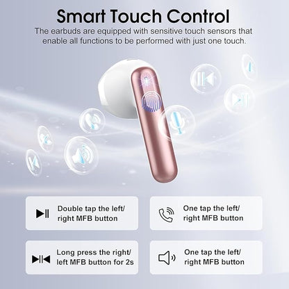 Wireless Earbuds, Bluetooth 5.4 Headphones with 3D Bass Stereo, 40H Ultralight in-Ear Buds, Bluetooth Earbuds with 4 ENC Noise Cancelling Mic, USB-C, IP7 Waterproof Earphones for Android iOS, Rose