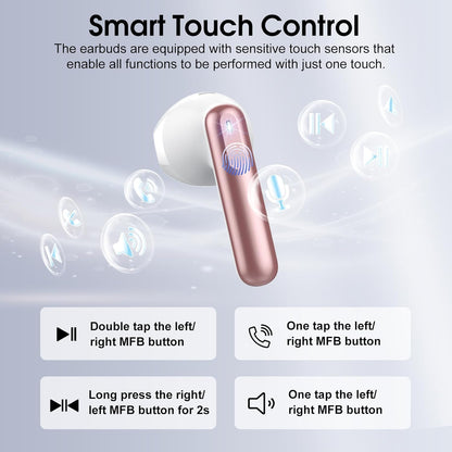 Wireless Earbuds, Bluetooth 5.4 Headphones in Ear Buds, HiFi Stereo Wireless Earphones with 4 ENC Noise Cancelling Mics, 40H Wireless Headphones with IP7 Waterproof, Dual LED Display USB C, Rose Gold