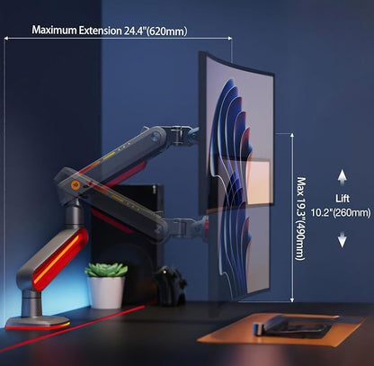 RGB Gaming Monitor-arm for Flat/Ultrawide/Curved Monitors 32 to 60 inch, Heavy Duty Stand Load up to 20 kg, VESA 75/100 mm Monitor-Mount L60