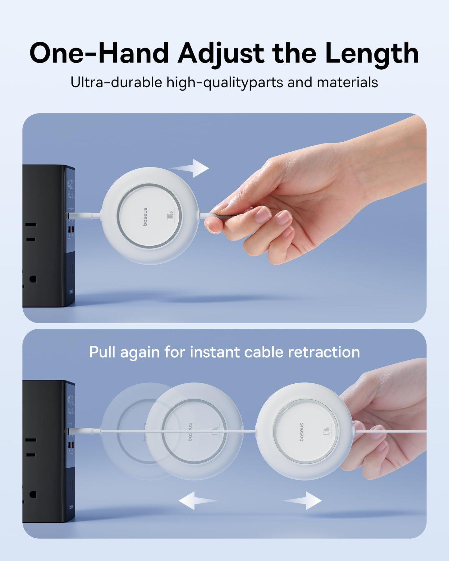 Baseus USB C to USB C Cable, 100W 6.6ft Retractable USB C Fast Charging Cable, 7-Stage Length Preset Retractable Charger Cord for iPhone 16 15 Pro Plus Pro Max, MacBook, iPad Pro, Samsung S24/S23+