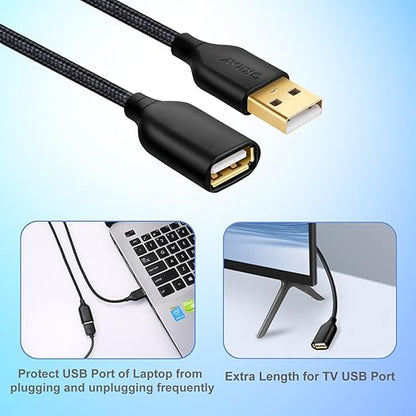 OKRAY USB Extension Cable 10FT, 2-Pack Nylon Braided USB 2.0 Extender Cord Type A Male to A Female Extension Cable with Gold-Plated Connector for USB Flash Drive/Hard Drive, Keyboard, Printer, Webcam