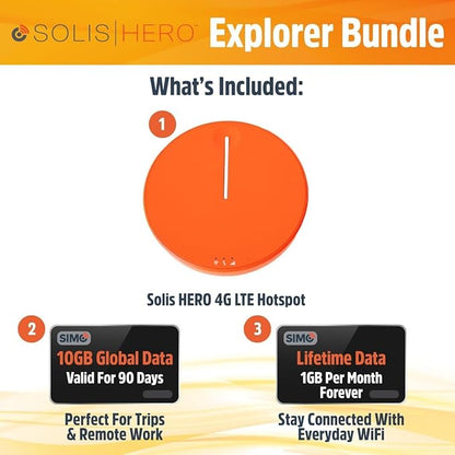 SIMO Solis Hero 4G LTE Portable Mobile Hotspot WiFi Power Bank for Travel in 140+ Countries, No SIM Card or Contract, Multi-Carrier Network, 10 Devices, 1GB/Month Lifetime + 10GB Global Data